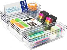 Drawer Organizer Set 25 Pcs, Plastic Storage Divider Trays In 5 Sizes, Stackable Transparent For Makeup Stationery Hair Accessories Kitchen Fridge - View 4