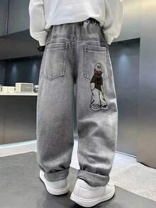 Boys' Cartoon Embroidered Straight Leg Denim Jeans - Grey - View 3