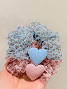 1pc/2Pcs Y2K Style Leopard Print Mesh Scrunchie With Heart Shaped Decor, Sweet Girls' Elastic Hair Tie For Daily Ponytail/Bun Hairstyle - Multicolor - View 8