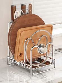 Super Practical Kitchen Utensil & Tool Storage Rack, Multifunctional Knife Holder, Integrated Design, Stainless Steel Material, Rational Partitioning, Space-Saving, Stores Various Kitchen Knives, Chef Knives, Cutting Boards, Pot Lids, Towel Racks And Other Kitchen Utensils. - Solid Color - View 2