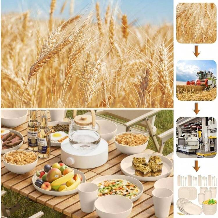 Juego de Vajilla para 4 Personas, Juego de Vajilla de Paja de Trigo 32 Piezas, Vajilla de Completa Reutilizable con Cuenco, Plato, Plato Cuadrado, Cuchara, Tenedor, Tazas, Apto para Lavavajillas - Color beige - Color beige - Añade 5