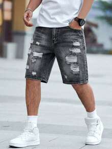Traceable Cotton - European & American Men's Distressed Denim Shorts - Black - View 11