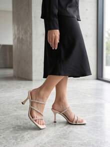 French Holiday Style Multi-Strap Rhinestone Design Stiletto High Heel Sandals, Fashionable Versatile Elegant Comfortable Outdoor Wear Slimming Suitable For Dating, Commuting, Vacation And Travel - Beige - View 7