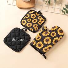 Sunflower Print Pattern, Daily Home Use Oven Mitts And Pot Holders, Kitchen Cooking And Baking, Microwave Heat-Resistant Mitts And Pads 2pcs/Set - View 1