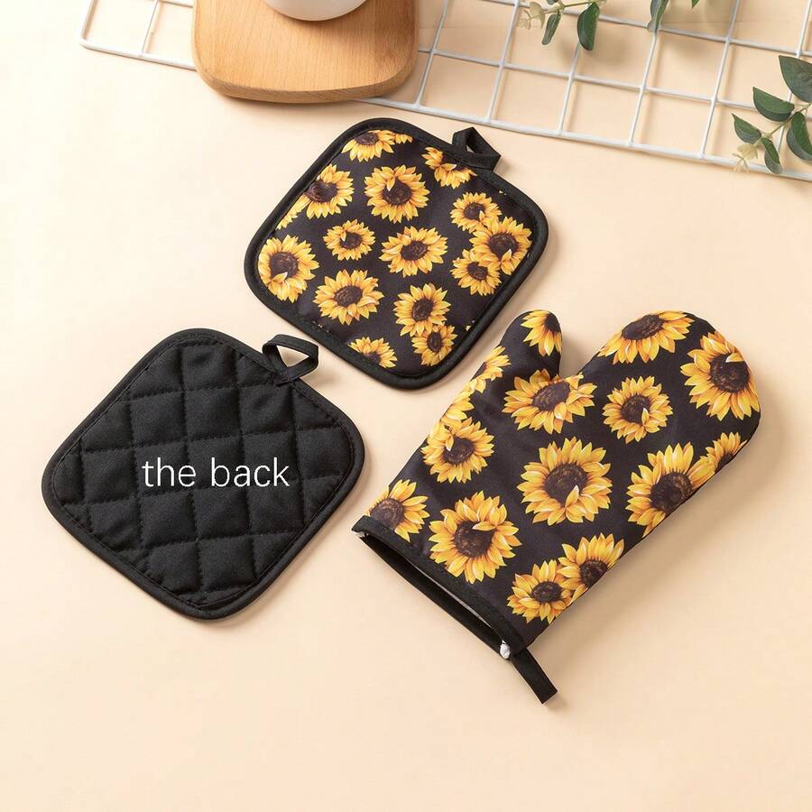 Sunflower Print Pattern, Daily Home Use Oven Mitts And Pot Holders, Kitchen Cooking And Baking, Microwave Heat-Resistant Mitts And Pads 2pcs/Set - View 1