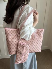 Bolso Tote de Gran Capacidad para Mujer, Bolso de Hombro para Estudiante Universitaria y Viajera - Rosa - Ver 10