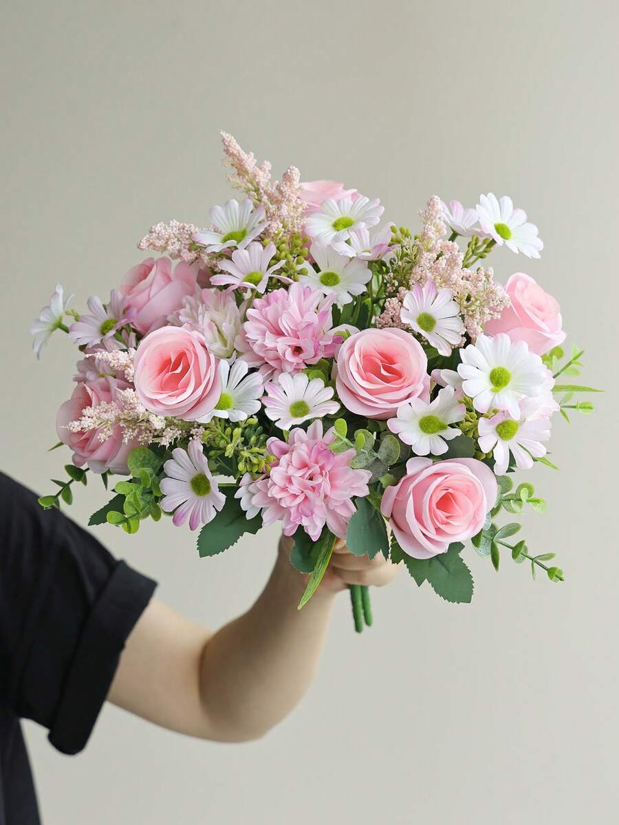 1/3 piezas Ramo de rosas de seda artificial, margaritas, flores de diente de león en paquete a granel, adecuado para boda, hogar, decoración de fiesta y centro de mesa - Rosa - Ver 1
