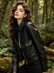 Women's Fashion Square Shoulder Pocket Zipper Jacket, Versatile Black - Black - View 2