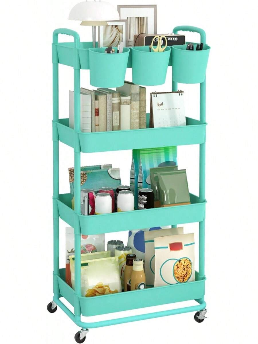 3 Tier Plastic Rolling Storage Cart With Extra Hanging Cups Handles Lockable Wheels For Living Room Bathroom Kitchen Office White - Green - View 1