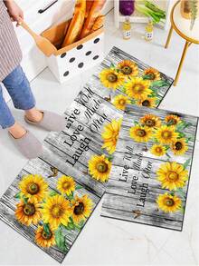 1pc Wood Grain Sunflower Kitchen Rug And Mat, Sunflower Kitchen Mat And Grey Wood Grain Floor Rug, Can Be Placed In Front Of Sink, Used For Standing Kitchen Decor - Multicolor - View 2