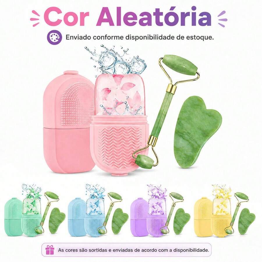 Kit Spa em Casa para Skincare – Rolo de Jade, Pedra Gua Sha e Crioterapia Facial - Kit Rolo Pedra+Foma de Gelo - Visão 1