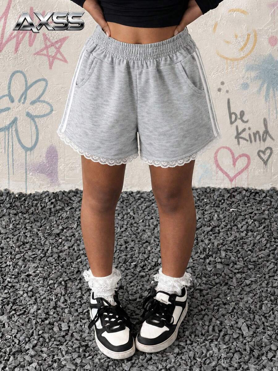 1件女童優雅可愛時尚蕾絲短裙褲,通勤校園風 - 淺灰色 - 查看 1