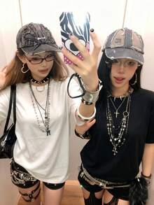 2pcs/Set Women's Casual Loose Round Neck Short Sleeve T-Shirt, Versatile Solid Color, Spring Summer - Black + White - View 2