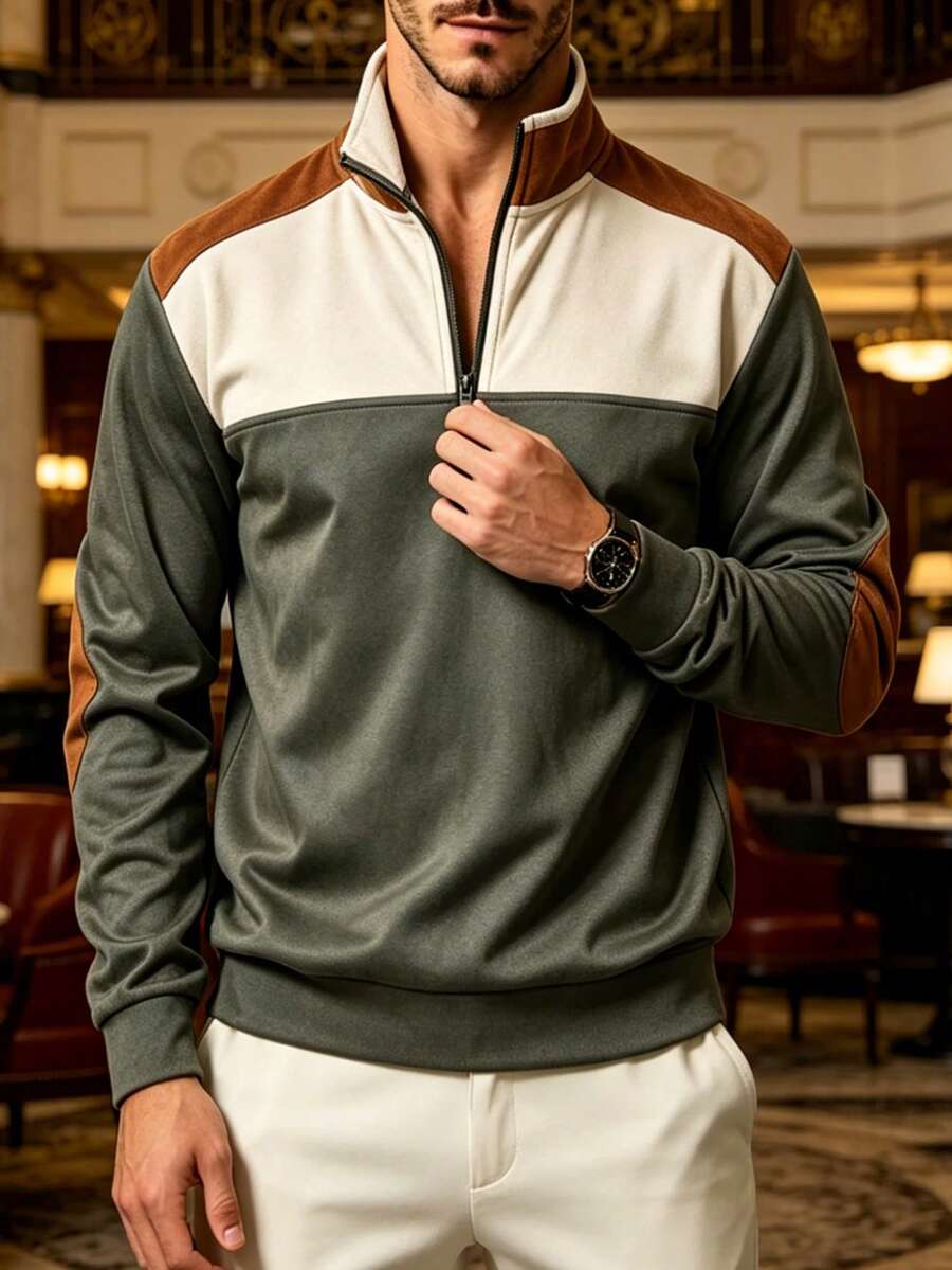 Men's Patchwork Contrast Color Half-Zip Long Sleeve T-Shirt, Autumn/Winter - Grey - View 1