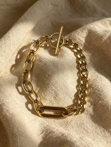 1 Stück, OT-Verschluss Klobiges Gliederkette Armband, Titanstahl vergoldet, hypoallergen neutrale Kette, elegantes Geschenk für Frauen - OT-Schnalle, dickes Gliederarmband - Übersicht 5