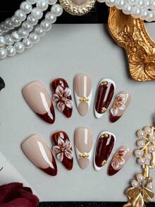 10pcs Handmade Acrylic Press-On Nails, Brown Almond Shape, French Style Design With Floral Elements, Suitable For Women's Daily Wear - 棕色 - 查看 4