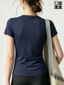 mulinsen 女款快乾 T-shirt，冰絲圓領短袖，彈性吸汗快乾運動上衣，跑步快乾上衣 - 藏蓝色 - 查看 4