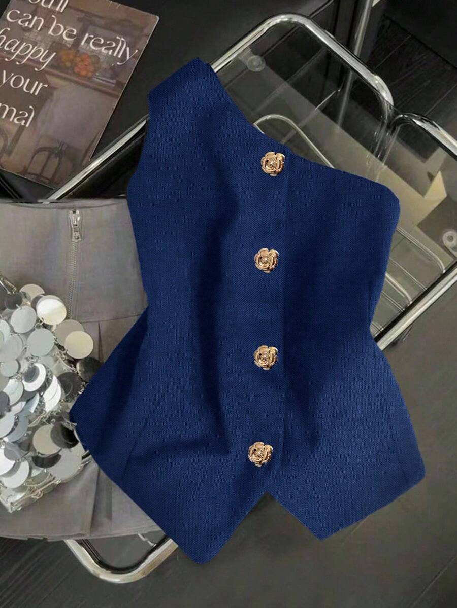 Blusa negra de un hombro con hebilla metálica en forma de S decorativa, sexy y versátil para mujeres en primavera/verano DXHQ - azul real - Ver 1