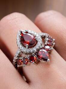 2pcs Set Elegant Cubic Zirconia Rings, Suitable For Women To Wear, Suitable For Wedding, Engagement, Anniversary Party, Valentine's Day Gift - Red - View 8