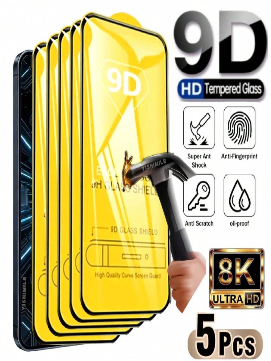 5片裝 全螢幕 9D 鋼化玻璃螢幕保護貼,相容 iPhone 17 Pro Max/17 Air/17 Pro/17/16/15/14/13/12/11/16 Pro Max/15 Pro Max/X/XS/XR/XS Max/Plus/Mini,超清晰 9H 防刮防指紋,相容動態島 - 無色 - 查看 1