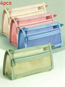 4/1pc Set Morandi Plaid Mesh Pencil Case With Handle And Zipper, Transparent Double Layer Pencil Bag, Travel Makeup Bag, Cute Transparent Stationery Storage Bag, Suitable For Adults, Office, University - Multicolor - View 15