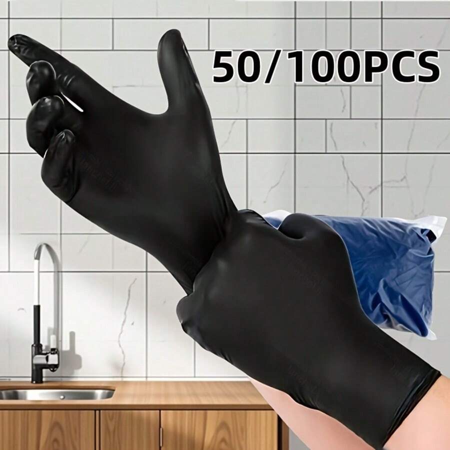 50/100入拋棄式乙烯基手套，適用於居家清潔、多用途清潔手套（無包裝），耐用家用清潔手套，適用於廚房使用 - 黑色-50-S - 查看 1