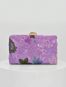 Elegant Shiny Multicolor Leaf & Floral Patchwork Crossbody Bag, Vintage Chain Strap Evening Bag, Mini Square Box Handbag, Suitable For Party Girls, Brides, College Students, Young Professionals, Versatile For Parties, Graduation Ceremonies, Weddings, Perfect Match For Party Accessories, Random Pattern Sent - Violet Purple - View 10