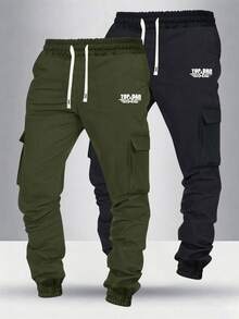 2 Packs Men's Letter Print Cargo Joggers, Elastic Waist Drawstring, Spring Autumn Casual Sports Pants - Multicolor - View 1
