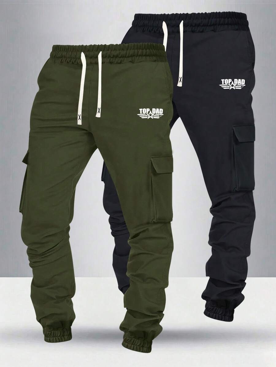 2 Packs Men's Letter Print Cargo Joggers, Elastic Waist Drawstring, Spring Autumn Casual Sports Pants - Multicolor - View 1