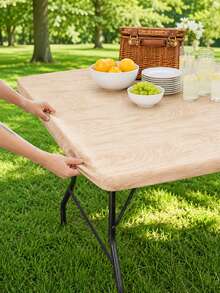 1pc-Natural Wood Grain Round Elastic Fitted Table Cover, Simple Farmhouse Stretch Polyester Tablecloth With Elastic Edge, Washable Snug Fit Table Cover For Outdoor Dining, Picnic, Camping, Garden Patio Decor - Multicolor - View 10