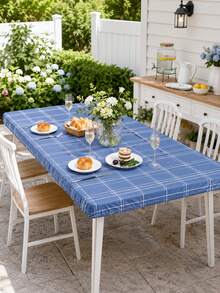 1pc-Blue Plaid Round Elastic Fitted Table Cover, Classic Checkered Stretch Polyester Tablecloth With Elastic Edge, Washable Snug Fit Table Cover For Patio Poolside Dining, Kitchen, Picnic, Indoor Outdoor Use - Multicolor - View 10