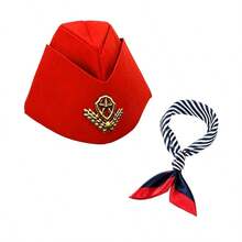 6, 2 Pieces European Air Hostess Pilot Matching Accessories Wheat Emblem Cap Contrast Red-Blue Striped Neck Bandana - Multicolor - View 3