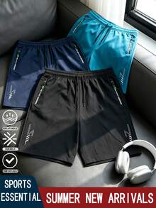 Pantalones cortos de running para hombre, pantalones cortos deportivos de entrenamiento con cordón elástico de secado rápido y bolsillos con cremallera, pantalones cortos deportivos transpirables para entrenamiento, set individual - Negro - Ver 2