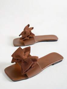 MICCOM Women's Summer 2024 Square Toe Flat Plus Size Sexy One-Strap Fashionable Bow White Sandals To Match With Skirts - Brown - View 2