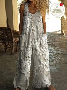 Women's Casual Fashion Sleeveless Round Neck Jumpsuit - Printed Fabric Sleeveless Jumpsuit - Large Pockets Vacation Summer - Grey - View 1