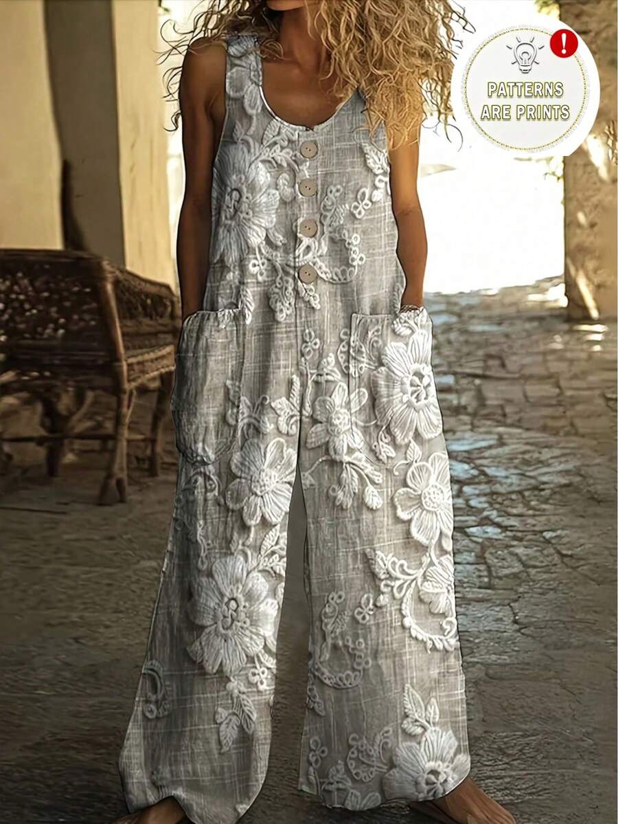 Women's Casual Fashion Sleeveless Round Neck Jumpsuit - Printed Fabric Sleeveless Jumpsuit - Large Pockets Vacation Summer - Grey - View 1