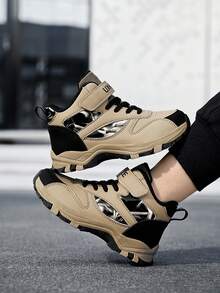 1 Pair Kids' Mid-To-Large Size High-Top Hiking Shoes, Outdoor Sports Shoes With Anti-Slip Wear-Resistant Sole, Hook-And-Loop Closure, Secure Fit, Leather Upper, All-Season Casual Shoes For Boys And Girls, Suitable For Daily Outdoor Activities, School, And Fashionable Casual Wear - Khaki - View 4