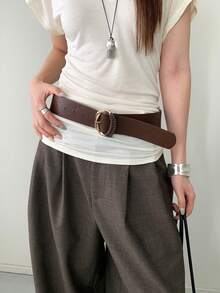 1pc Women's Coffee Brown PU Faux Leather Vintage Wide Solid Color Waist Cincher Belt - Coffee - View 5