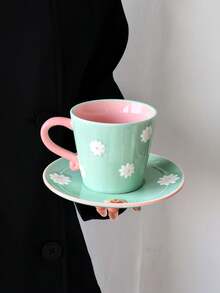 1 Set Dopamine Relief Hand-Painted Ceramic Coffee Cup & Saucer, Korean Cute Ins Style Niche Design Coffee Cup, Paired With Cartoon Bear & Flower Pattern Saucer, Girly Personalized Cup, Perfect For Coffee & Afternoon Tea, Gift - Multicolor - View 14