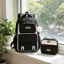 2pcs Colorblock Design Large Capacity Backpack Set With Pom Pom Pendant, Matching Handbag, Essential For Middle And High School Campus Travel - Sets - View 13