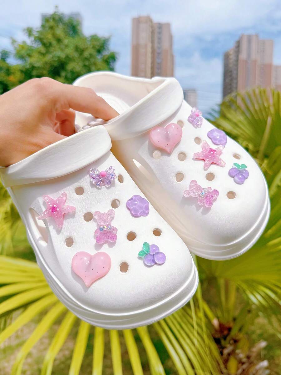 14pcs Pink & Purple Bear, Bow, Heart, Grape, Starfish And More Shoe Charms, DIY Detachable - Personalized Footwear Style - Baby Blue - View 1