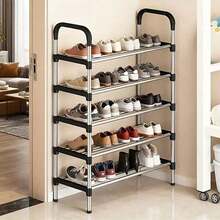 1 pieza Estantería para zapatos multicapa, estantería independiente de tubo de hierro simple, fácil montaje, adecuada para casas de alquiler, entradas, pasillos, dormitorios, baños, oficinas y salas de estar, utilizada para organizar zapatos - Negro - Ver 2