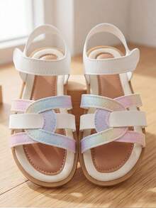 Best-Selling - 3-12 Years Girls Colorful Sandals. White Gradient Stripes, Hook And Loop Closure. Sweet And Fashionable - Multicolor - View 2