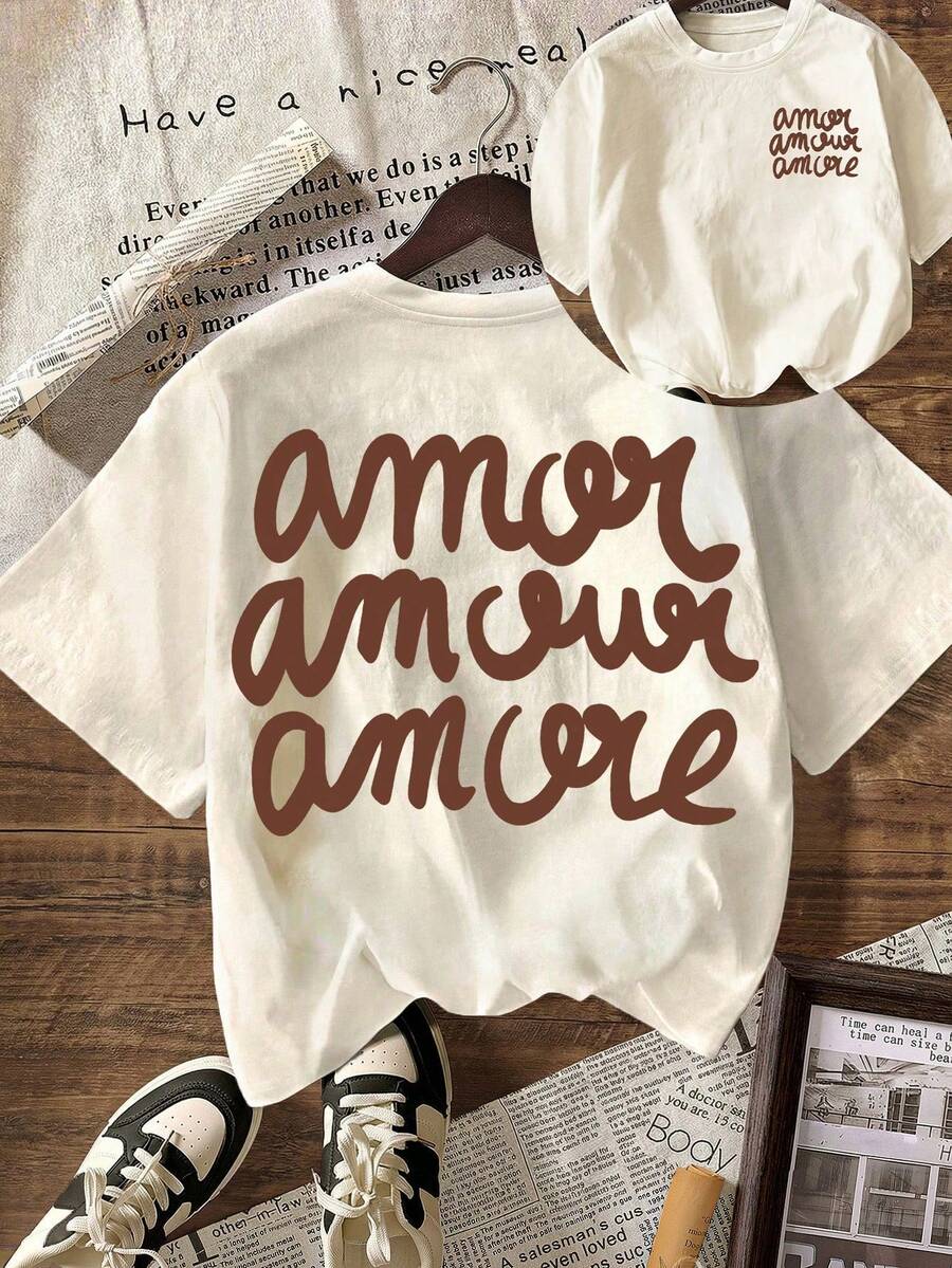 Women's Casual Short Sleeve Crew Neck T-Shirt With Leopard Print "More Love", Autumn, Back To School, Summer Clothing - 裸體 4 - 查看 1