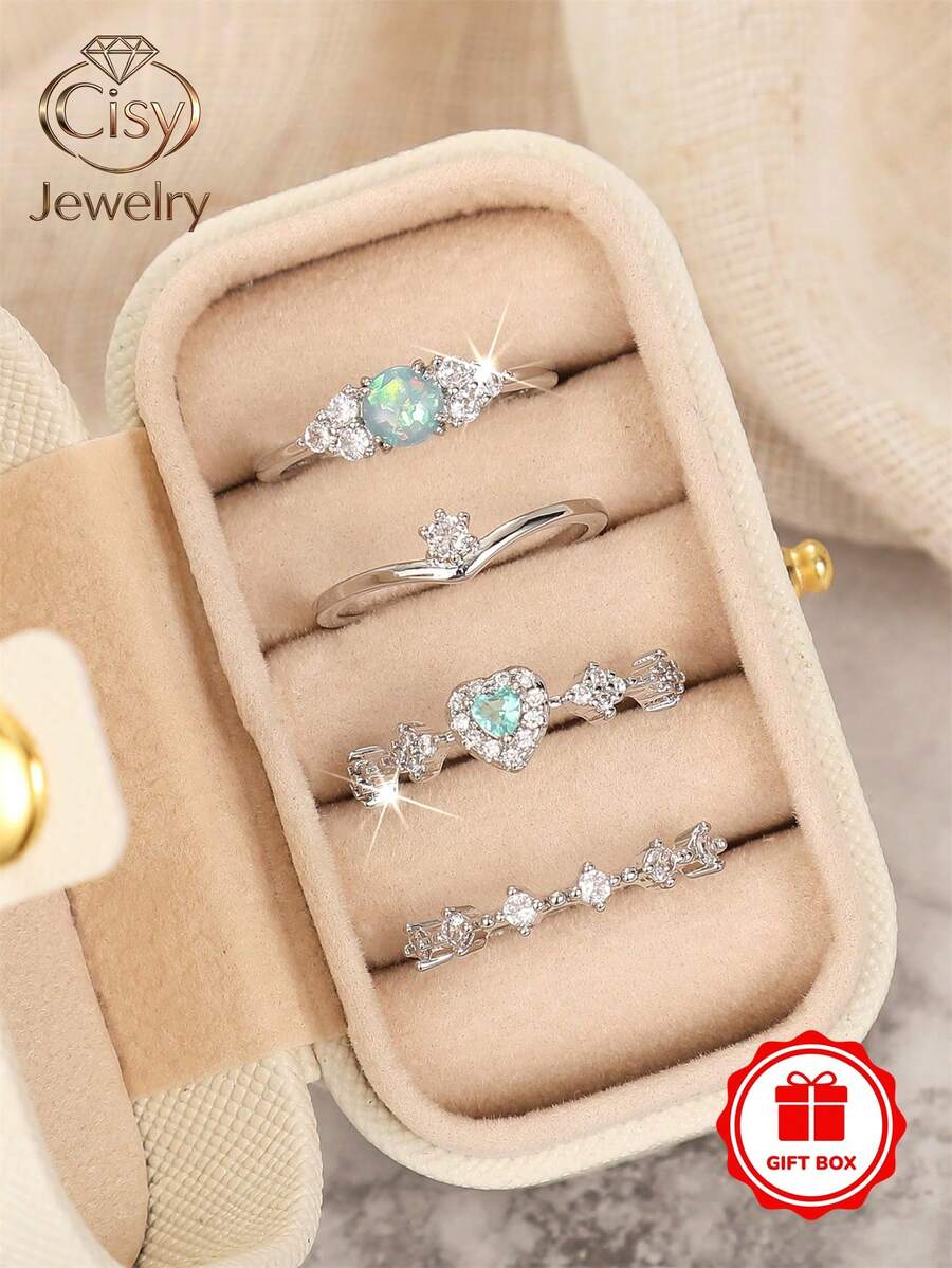 4pcs Elegant Cubic Zirconia Stone Rings Set With Gift Box, Suitable For Women, Applicable For Wedding, Engagement, Anniversary Party, Jewelry Valentine's Day Gift And More - 1# - View 1