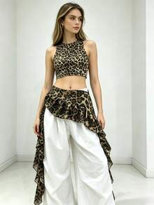 1pc Y2K Leopard Print Ruffle Waist Scarf, Chiffon Asymmetric Layered Hem Cover, Women's Versatile Street Style Waist Scarf - Leopard Print - View 5