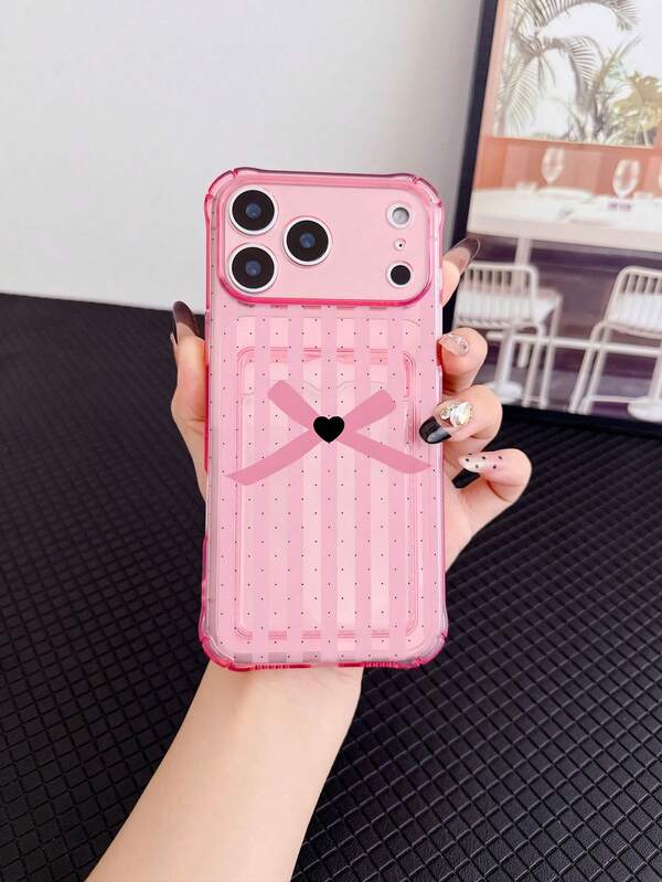 1pc Pink Transparent TPU Soft Pink & White Polka Dot Black Heart Bow Pattern Four-Corner Anti-Drop Integrated Card Slot Phone Case, Fashion Versatile Creative Personalized, Full Body Protection Dustproof Waterproof Soft Shell Suitable For Versatile Phone Case/Card Holder Phone Case/Funny Phone Case/Android Phone Case