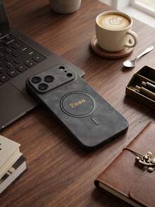 Custom Engraved Initial Magnetic Faux Leather Phone Case, Luxury Large Camera Cutout Shockproof Protective Cover, Personalized Letter Pattern Wireless Charging Phone Case, Compatible With IPhone 18 17 16 15 Pro Max - Dark Grey - View 4