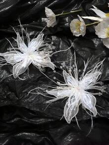 1pc Sheer Organza Flower Hair Clip, Pearl & Crystal Embellished Feather Floral Barrettes, Party Hair Accessory - Multicolor - View 4