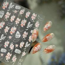 Pegatinas de flores en 5D para uas, para verano y primavera, con diseo de flores blancas y perlas, para mujeres y nias. - Flor blanca - Ver 3